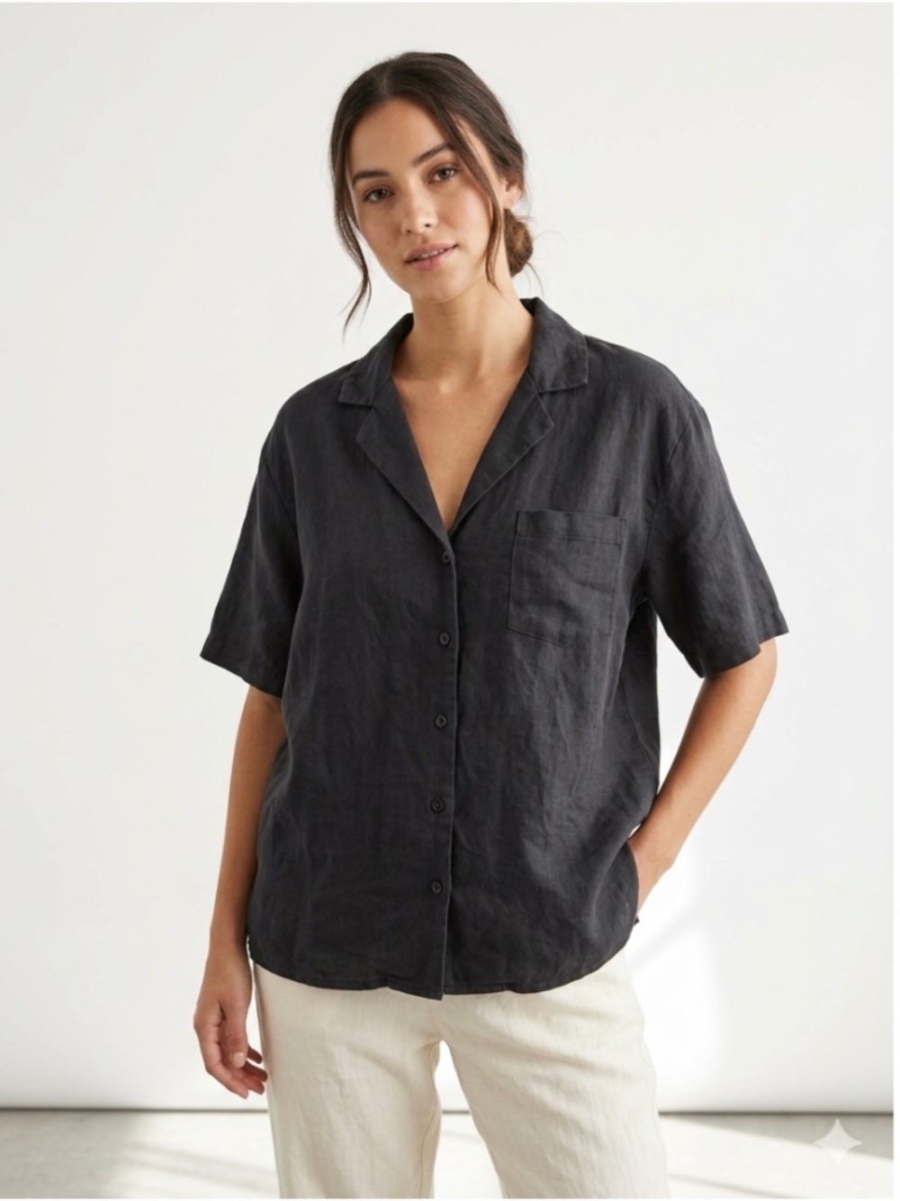 NUDELUCY Oversized Lounge Linen Lightweight Button Up Shirt in Coal Size Medium